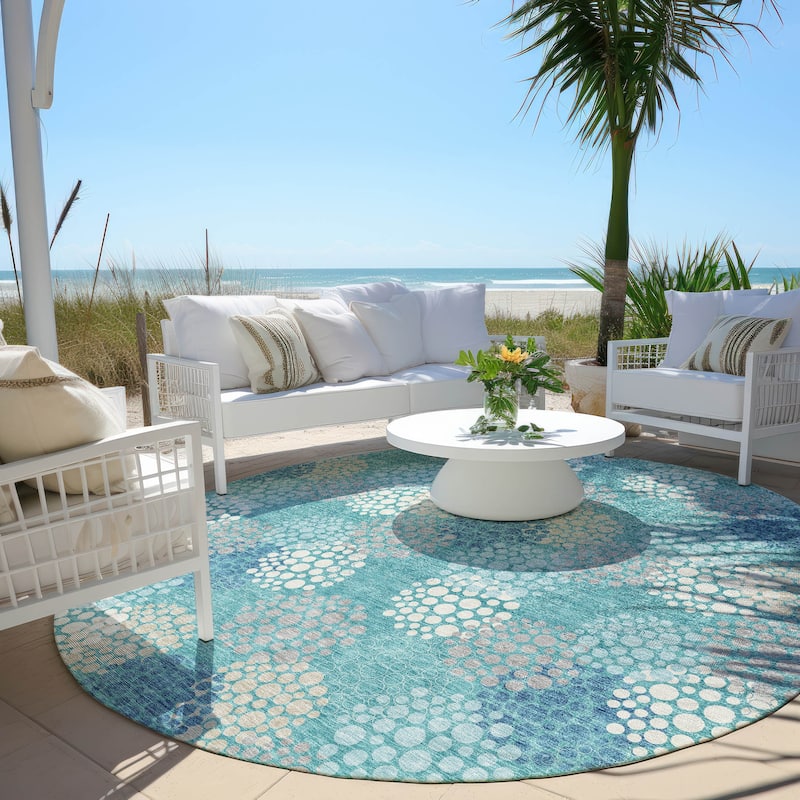 Machine Washable Indoor/ Outdoor Chantille Modern Bubbles Rug - Teal - 8' x 8'