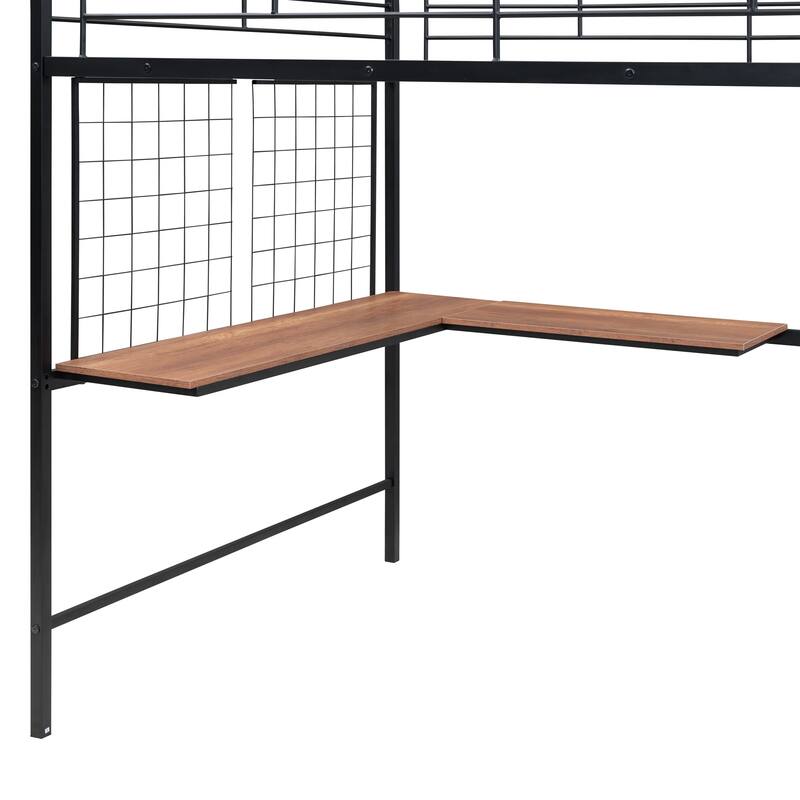 Full Size Metal Loft Bed with Desk and Metal Grid, Stylish Metal Frame Bed with Lateral Storage Ladder and Wardrobe