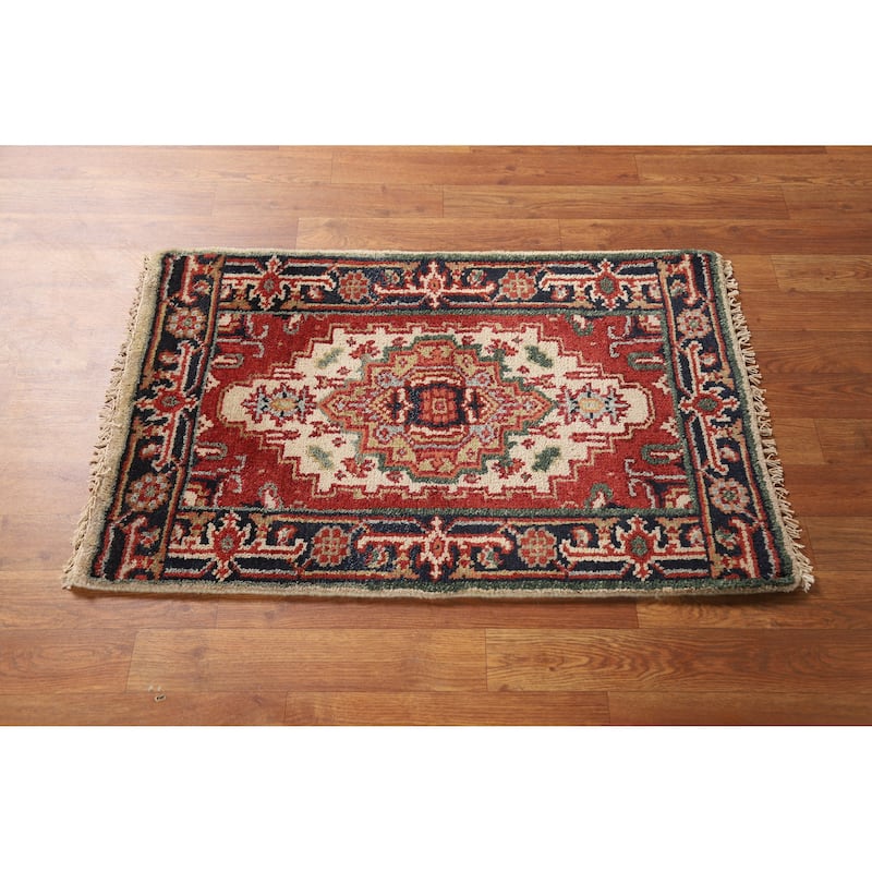 Geometric Beige Heriz Serapi Oriental Rug Hand-Knotted Wool Carpet - 2'0" x 3'0"