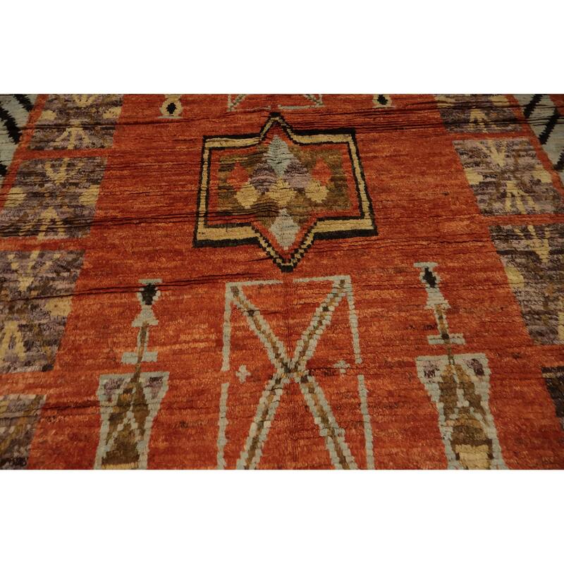 Hand Knotted Oriental 100% Wool Carpet Modern Tribal Oranges & Rust Moroccan Area Rug - 9' 9'' X 6' 10''