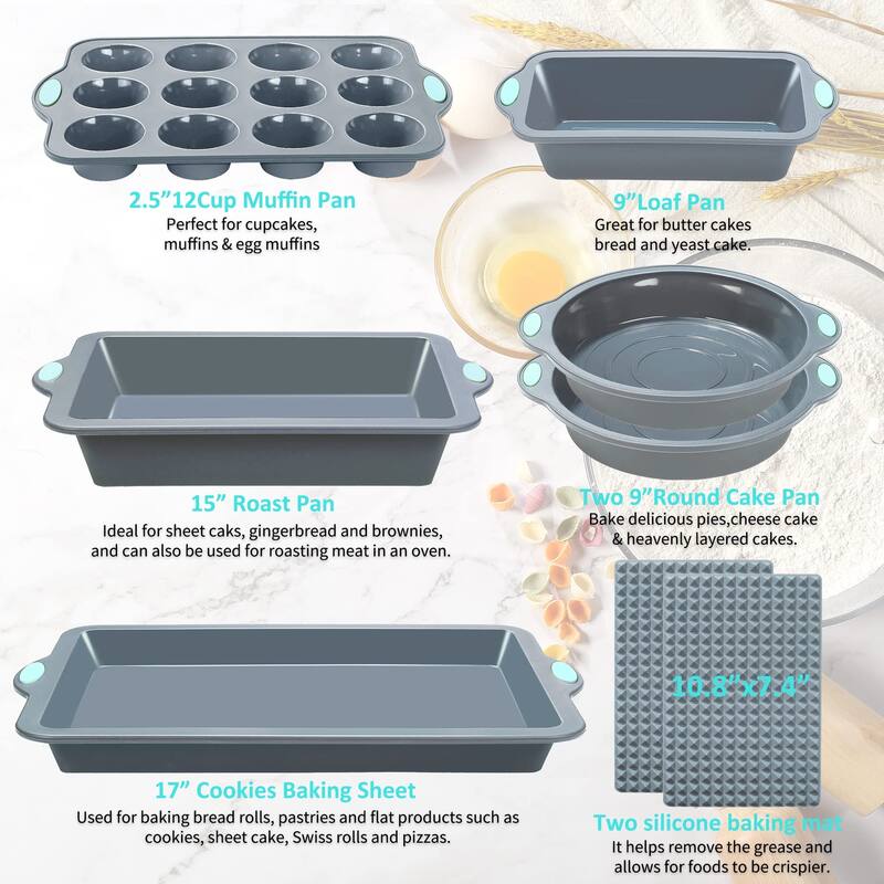 8 in 1 Silicone Baking Set - 6 Silicone Molds - 2 Silicone Baking Mat, Nonstick Cookie Sheet, Cake Muffin Bread Pan