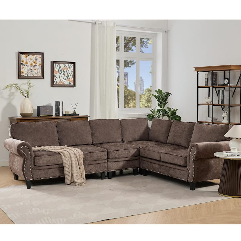 Modern Chenille Fabric Modular L Shaped Sectional Sofa Couch,6 Seater - Chocolate