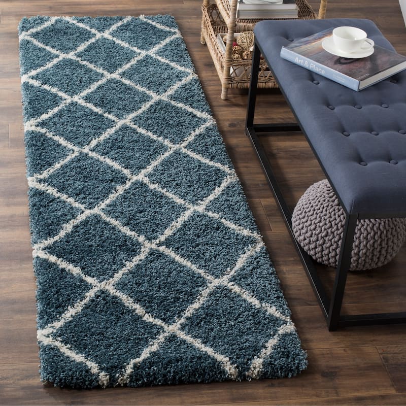 SAFAVIEH Hudson Shag Estella Diamond Trellis 2-inch Thick Rug - 2'3" x 14' Runner - Slate Blue/Ivory - Runner