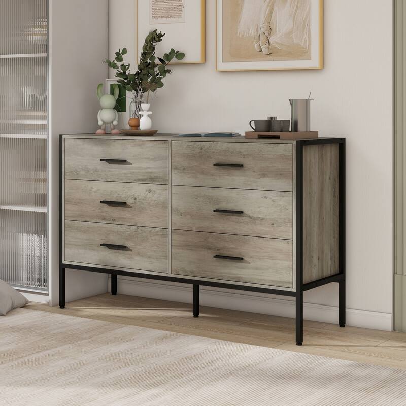 Wood Dresser with 6 Drawers, Solid Clothes Cabinet with Sturdy Steel Frame, 48.58"W×15.75"D×31.22"H, 48 inch, Rustic Grey