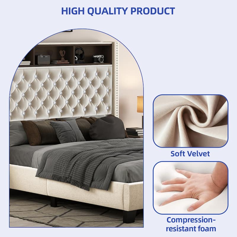 58" Tall Wingback Storage Headboard Bed Frame with USB Charging Stations and Deep Button Tufted