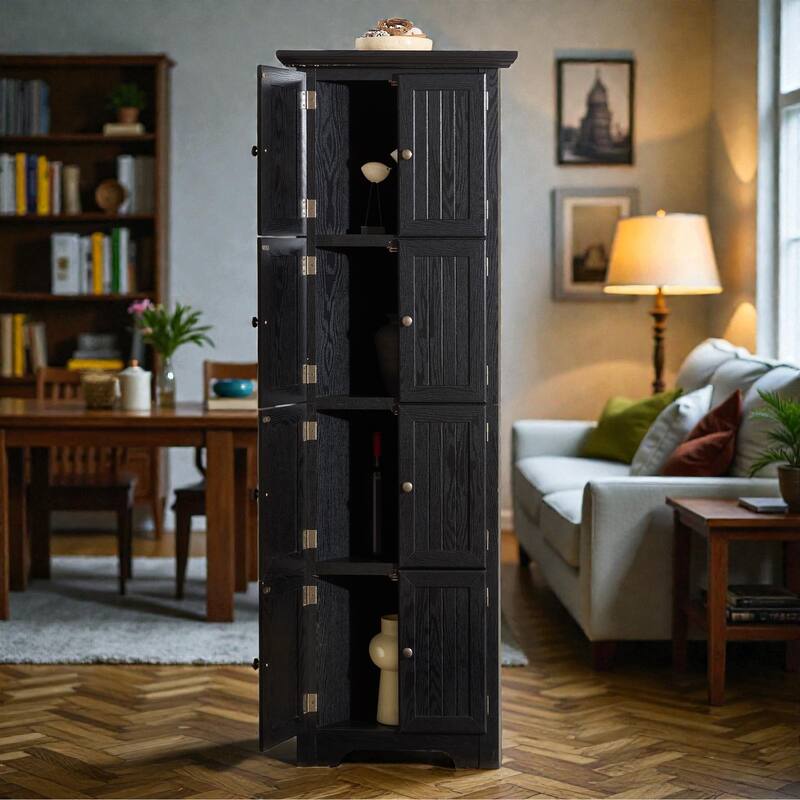 72 Inch Corner Kitchen Pantry Cabinet with 8 Doors, 4-Tier Tall Storage Cabinet for Living Room, Bathroom, Farmhouse Style