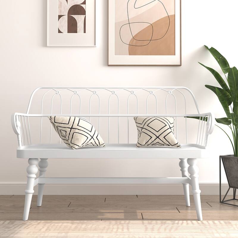 Modern Farmhouse Metal Spindle Back Bench - White