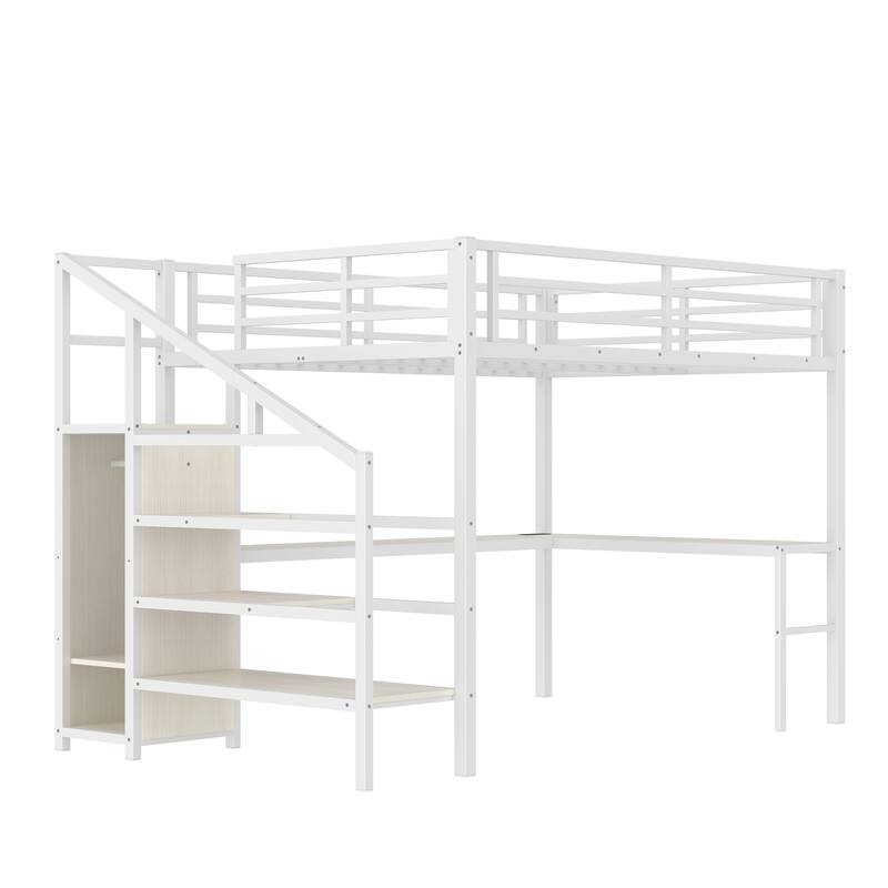 Queen Size LED High Loft Bed with L Shaped Desk and Charging Station, Heavy Duty Metal Loftbed Frame with Wardrobe and Shelves