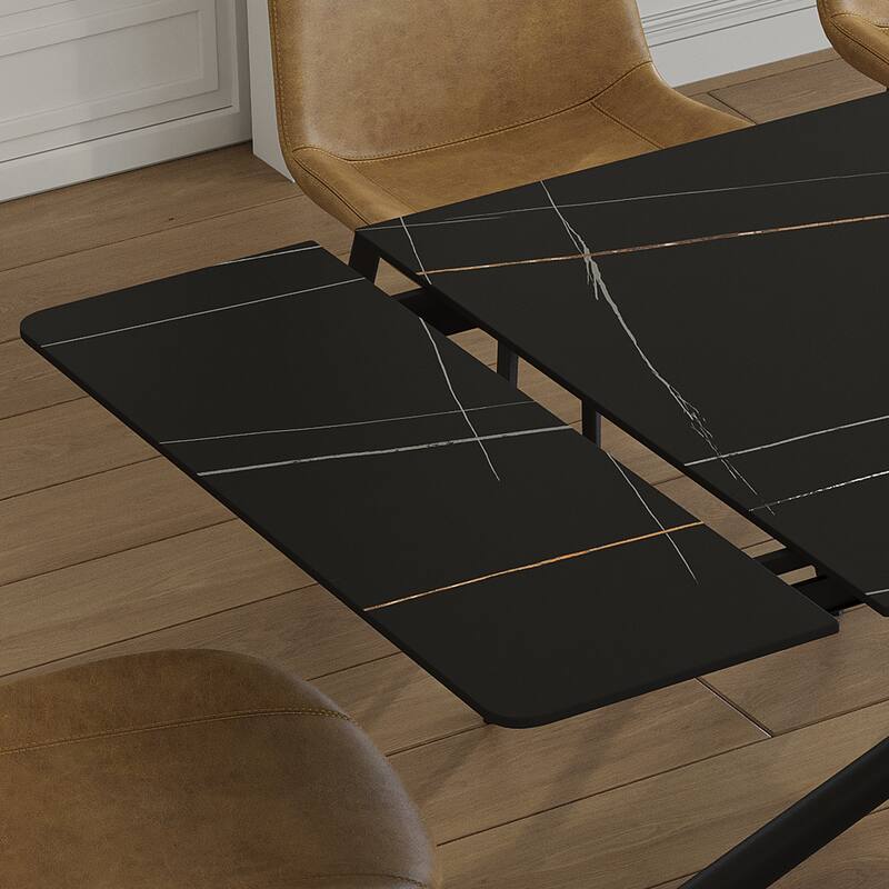 Retractable Sintered Stone Dining Table Set,steel table legs and a cross-leg structure at the bottom(Table + 8 Chairs)