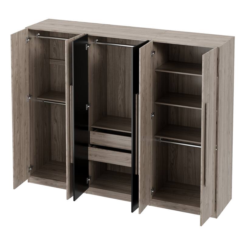 Large 6-Door Wardrobe Armoire, Wooden Two-Tone Armoire with 2 Drawers, Clothes Rail Freestanding Bedroom Armoire Closet