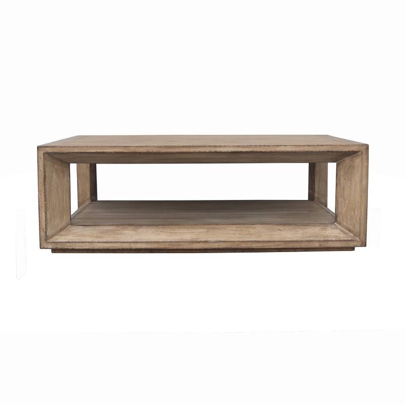 Limy Coffee Table, 54 Inch Rectangular Top, Shelf, Antique Brown Wood