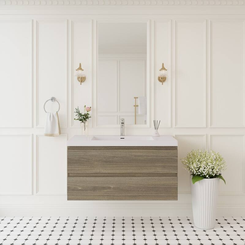 ABRUZZO 42" Floating Single Bathroom Vanity Wall-Mounted with Integrated Resin Top Basin 2 Soft Close Drawers Full Assembly
