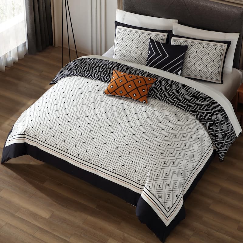 Bebejan Geometric Black & White 200 Thread Count 100% Cotton Sateen 5 Piece Reversible Comforter Set