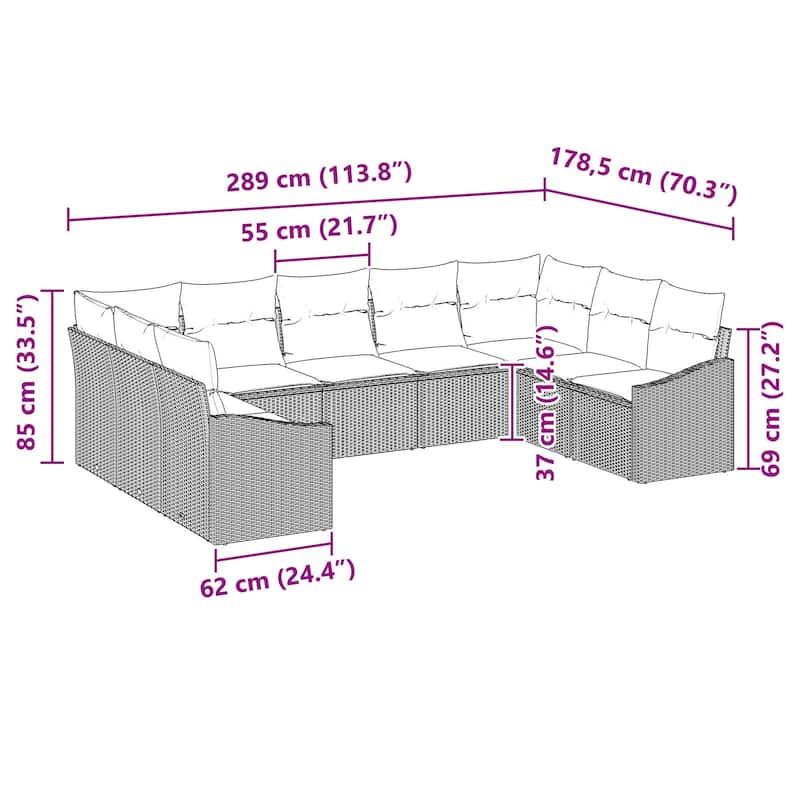 vidaXL 10 Garden Sofa Set with Cushions Black Poly Rattan - 113.8 x 70.3 x 27.2