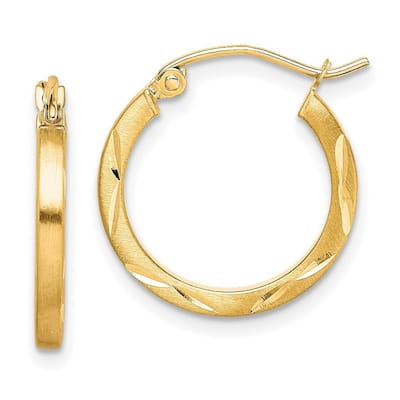 Curata 10k Yellow Gold Satin Sparkle Cut 2x20mm Hoop Earrings - 19x18mm Wide 2mm Thick