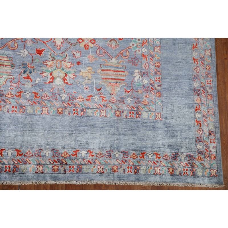Hand Knotted Oriental 100% Wool Carpet Modern All-Over Navy Blue & Blues Art & Craft Area Rug - 12' 2'' X 8' 9''