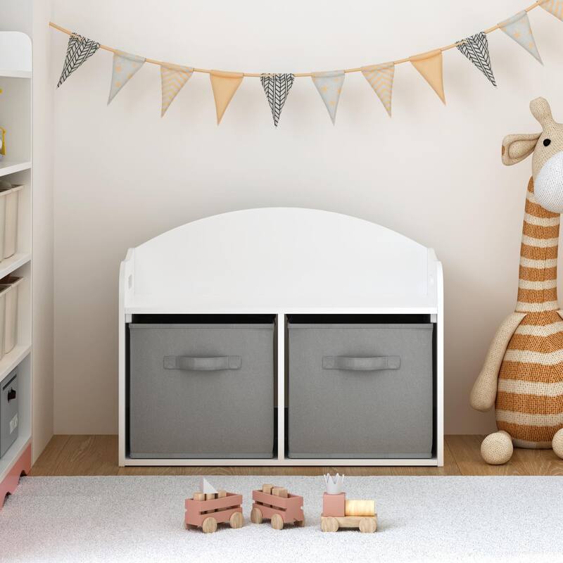 Kids Wooden Toy Box/Bench with Collapsible Fabric Drawers,Toy Storage Cabinet Organizer, White