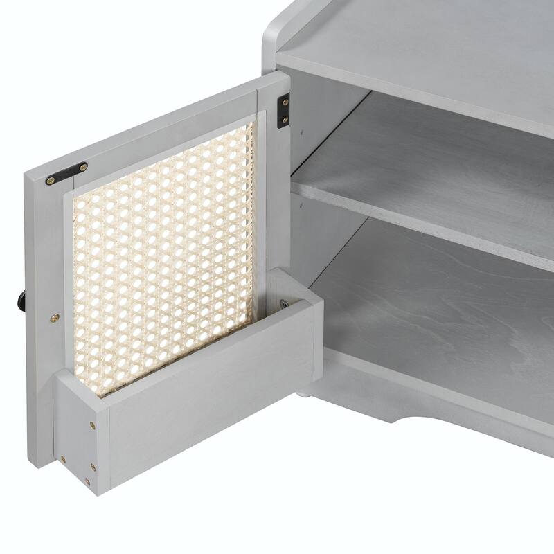 Rustic Storage Bench with Removable Cushion, Woven Rattan Doors & Adjustable Shelves