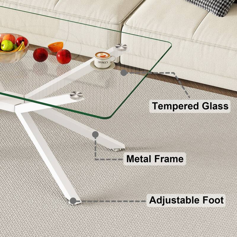 39.37" Rectangle Clear Glass Glass Coffee Table,Stylish Design with White Metal Legs, Coffee Table for Living Room