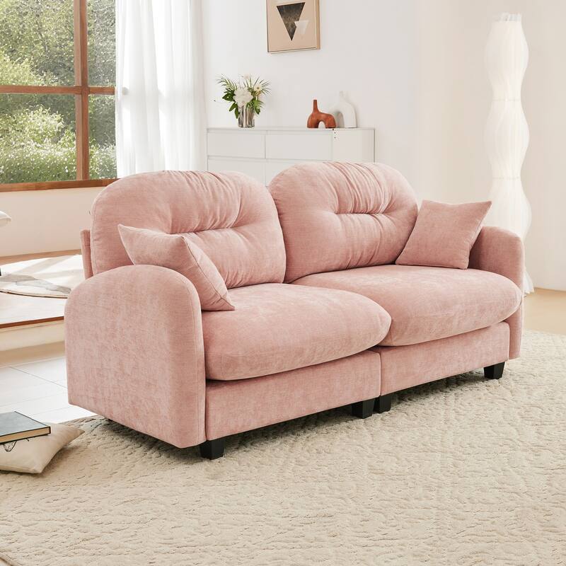 Chenille Fabric Upholstered Sectional Sofa, 2 Seat Cloud Couch with Tufted Backrest, Comfy Memory Foam Modular Loveseat - Pink