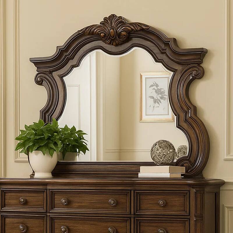 Leova Beveled Dresser Mirror, 50 Inch Brown Wood Ornate Moulding - Dark Brown