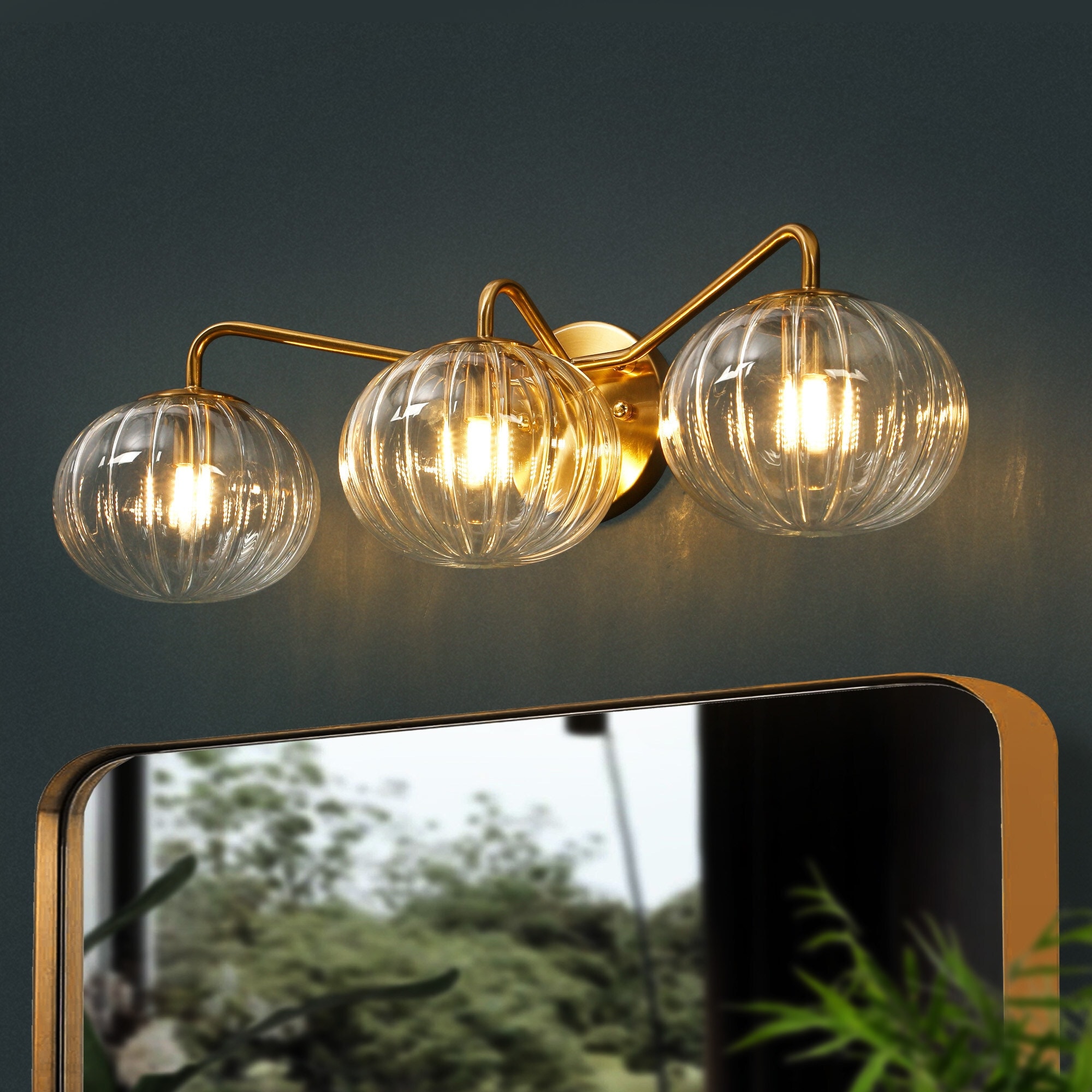 LALUZ Modern Gold 3-Light Linear Bathroom Vanity Light Ribbed Glass Wall Sconce - L23.6" x H6.5"