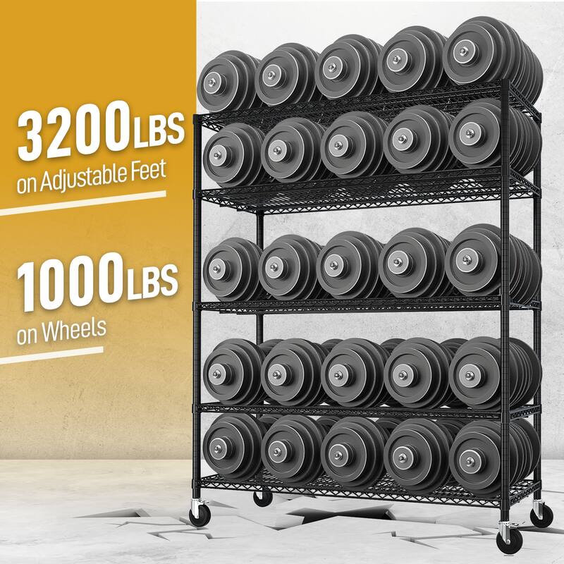 Black Adjustable 5-Layer Steel Wire Storage Shelf with Lockable Caster Wheels for Garage and Home
