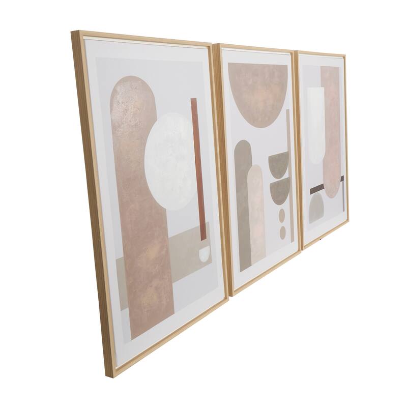 Pink Canvas Mid Century Modern Geometric Abstract Framed Wall Art with Brown Accents (Set of 3)