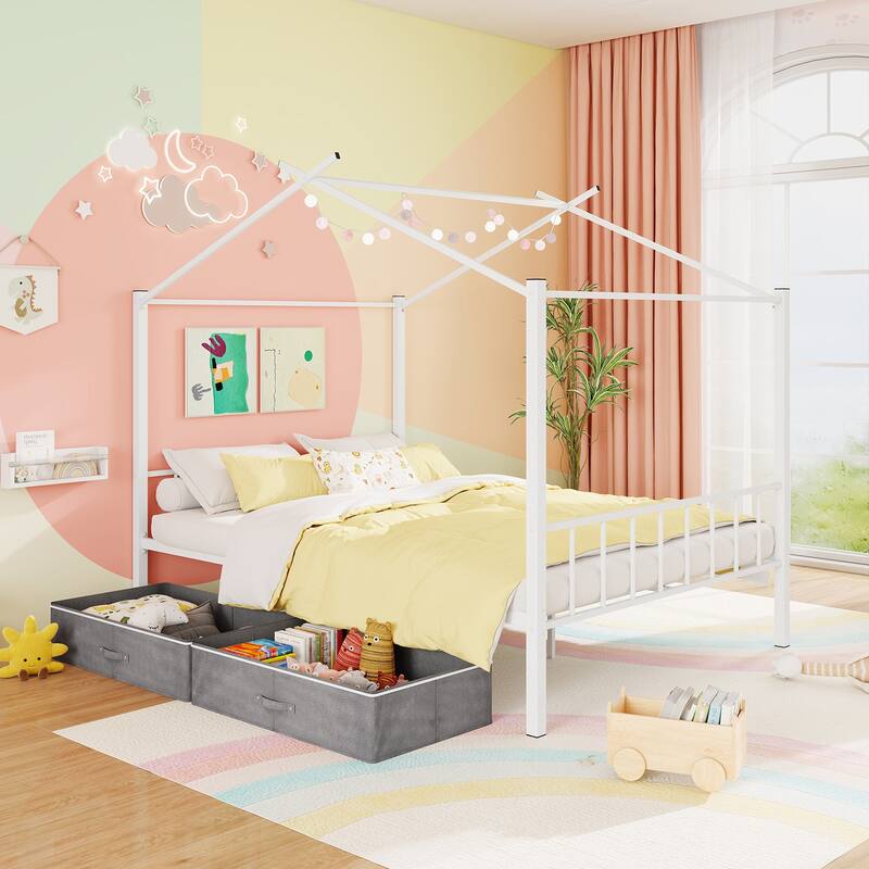 Full Size Metal House Bed Frame with Storage Drawers and Slats Support for Kids and Teens Room
