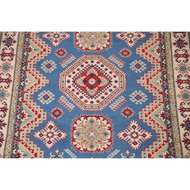 Blue Geometric Kazak Area Rug Handmade Oriental Wool Carpet - 6'8" x 9'9"
