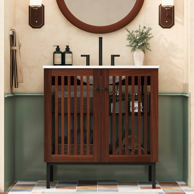 Bathroom Vanity with Sink, Bathroom Storage Cabinet with 2 Soft Close Doors, Bathroom Vanity Cabinet with 4 Iron Legs