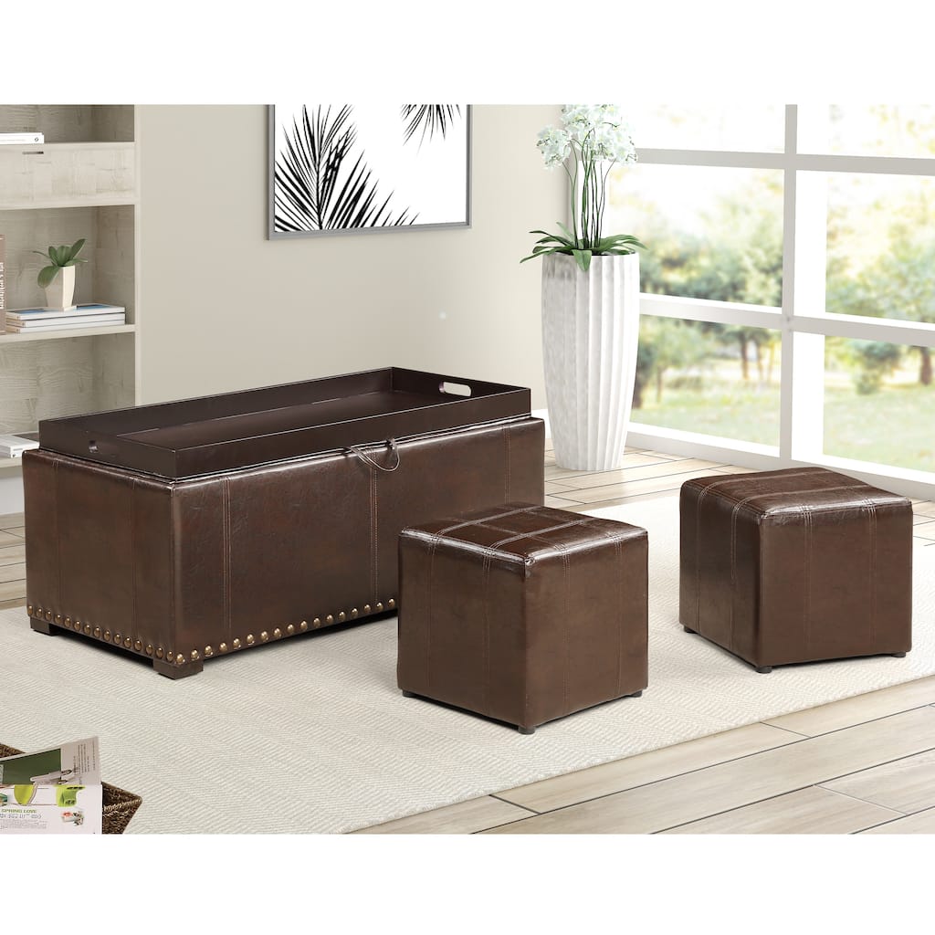 Leather Nailhead Storage Ottoman Bench Cube Set