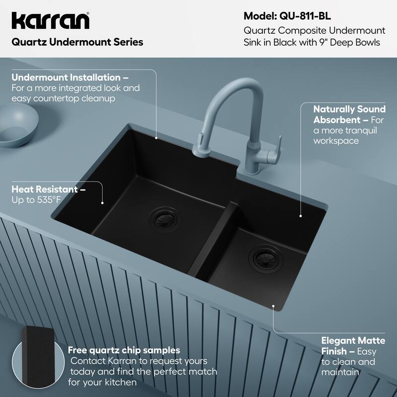 Karran Undermount Large/Small Bowl Quartz Kitchen Sink - 32" x 21.25" x 9" - 32" x 21.25" x 9"