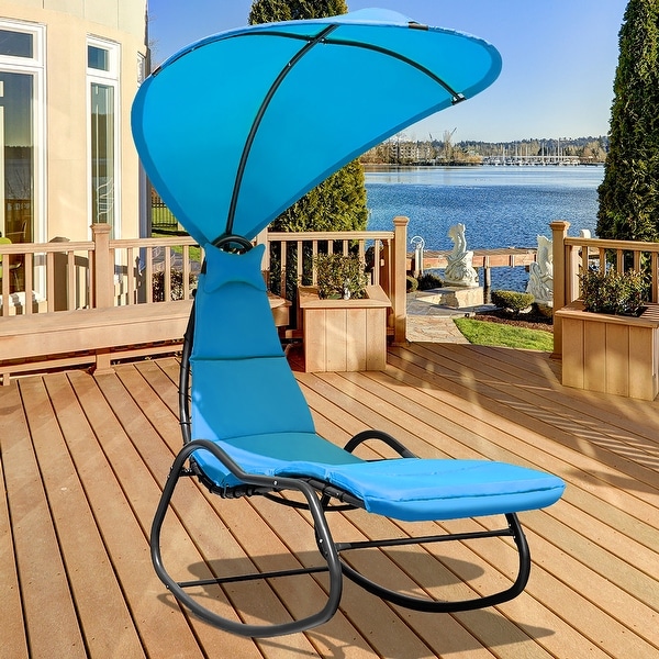 Orange Outdoor Rocking Chaise Lounge Chair Cushion w/Canopy Shade Blue White 
