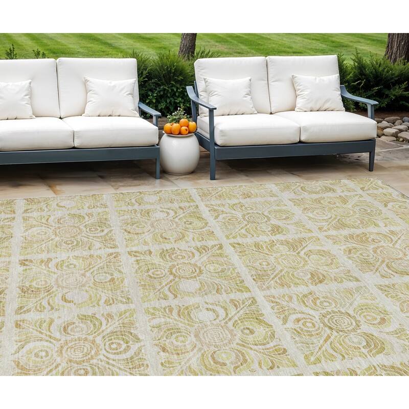 HomeRoots Medallion Transitional Rectangle Outdoor Rug - 10' X 14'