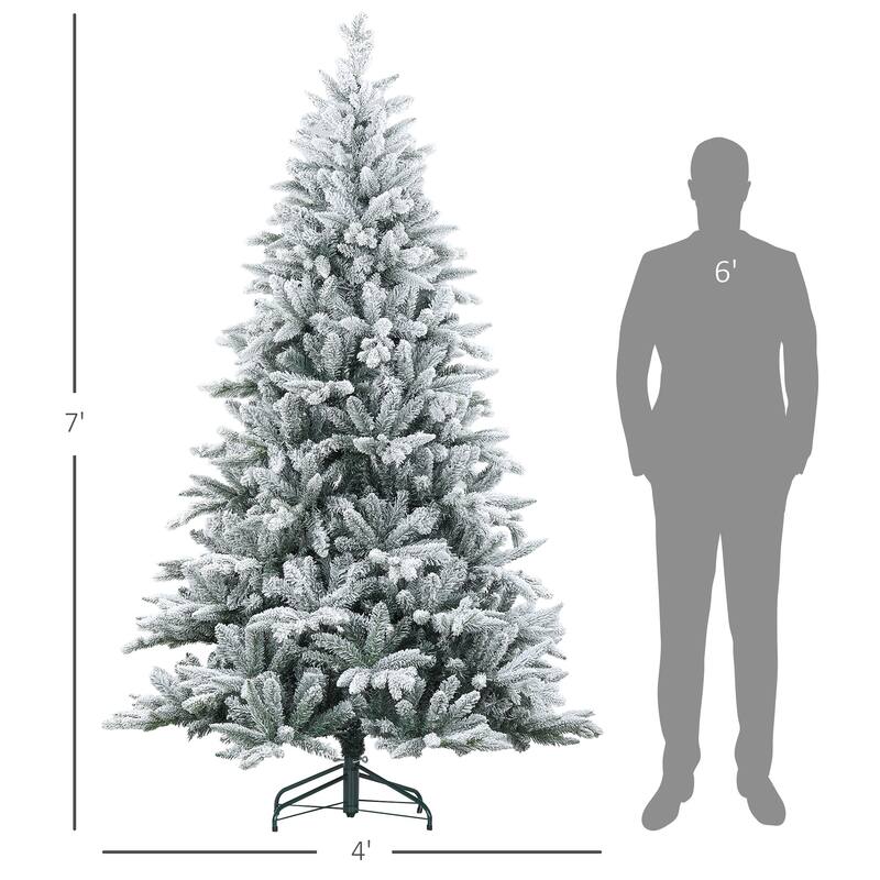 Holiday Decor 7ft Realistic Snow-Flocked Christmas Tree with Foldable Metal Stand, Hinged Xmas Tree for Home, Office, Holiday
