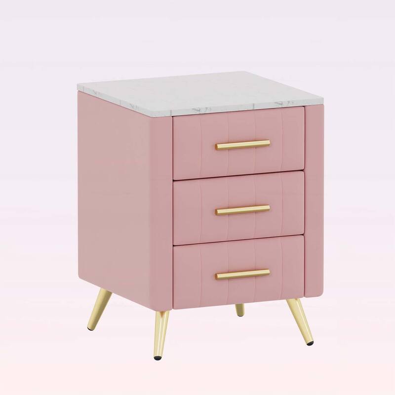 Stylish Design Upholstered Nightstand with 3 Drawers and Metal Legs & Handles