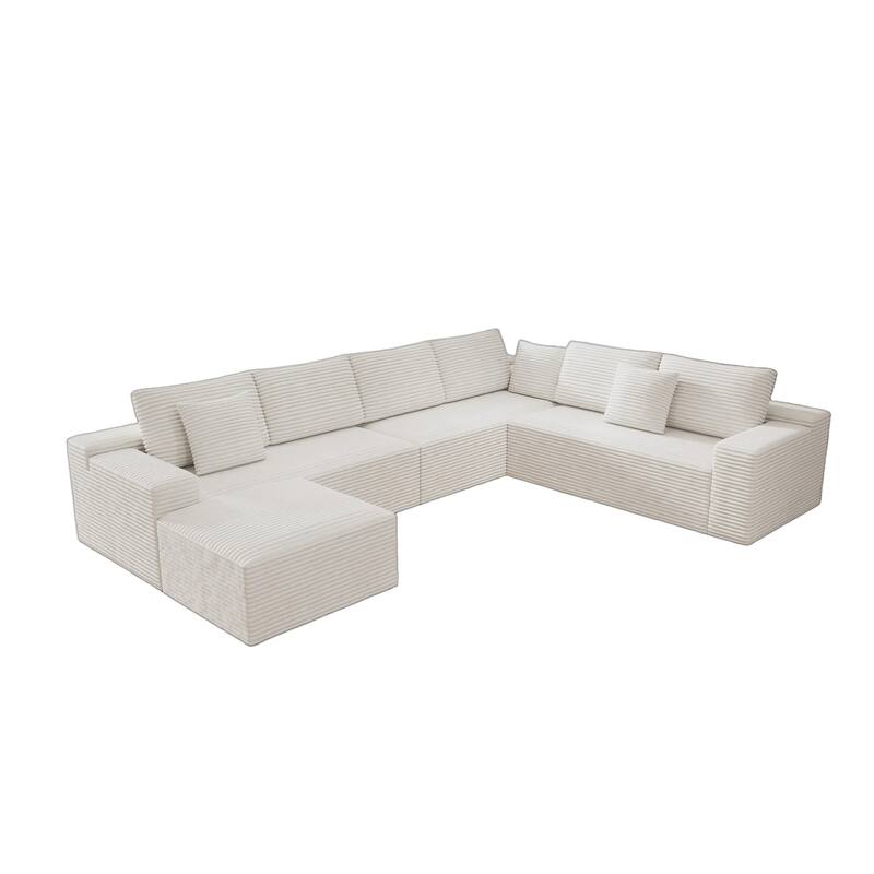 Roomfitters 137.8" Modular Sectional Sofa, 4-Piece Compressed Cloud Couch, No Assembly Required, Plush Corduroy, White