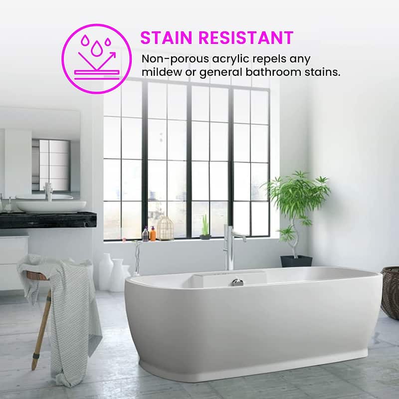 Vanity Art 67" Freestanding Acrylic Bathtub Modern Stand Alone Soaking Tub with Chrome Finish Round Overflow & Pop-up Drain