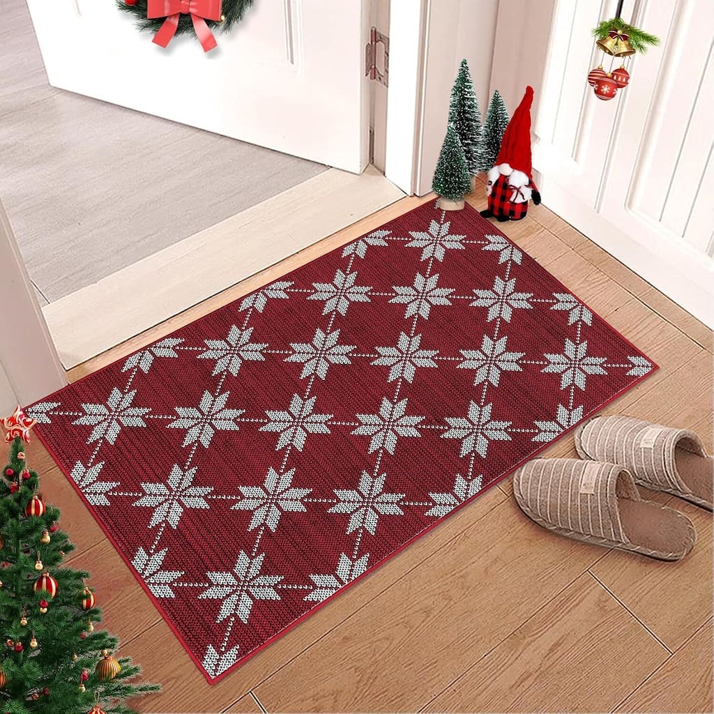 GustoWave Christmas Geometric Throw Area Rugs, Non Slip Machine Washable, Red - 1'6" x 2'6"