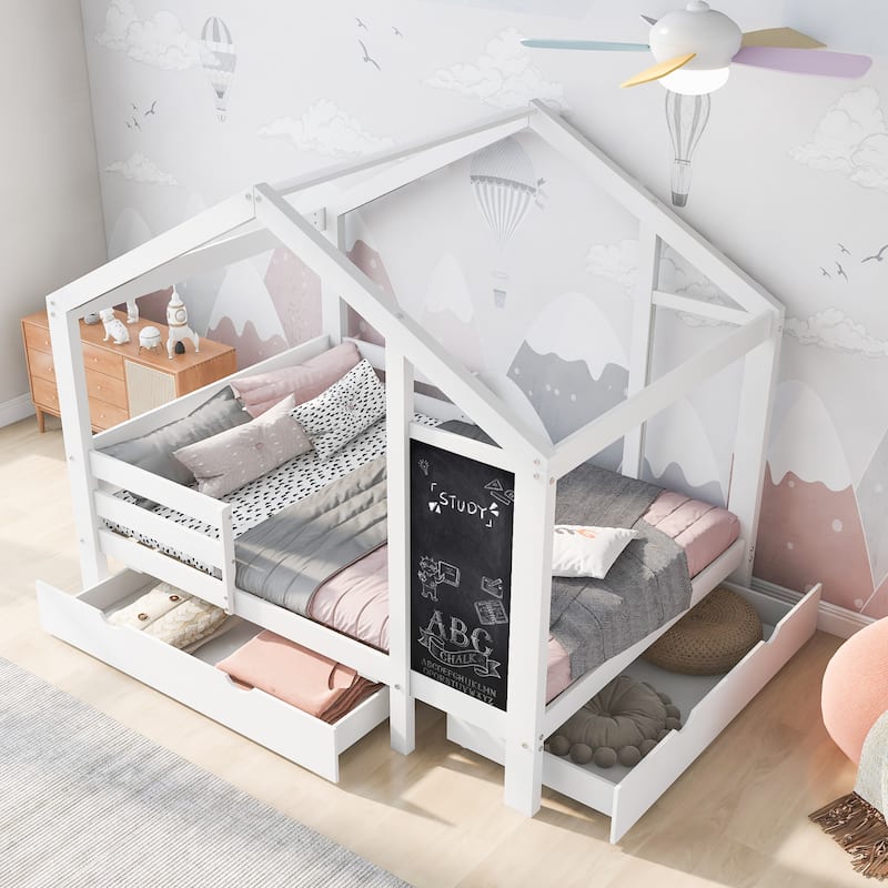 House Bed with Blackboard and Drawers, Two assembly options, White