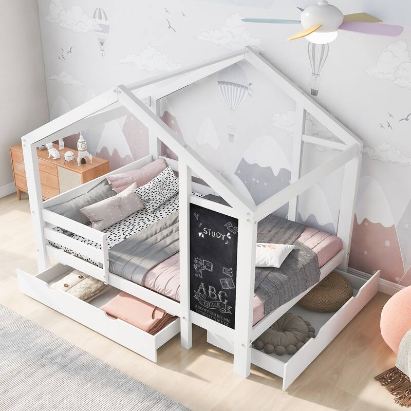 Twin House Bed with Blackboard, Drawers, and Three-Sided Protective Rails, White
