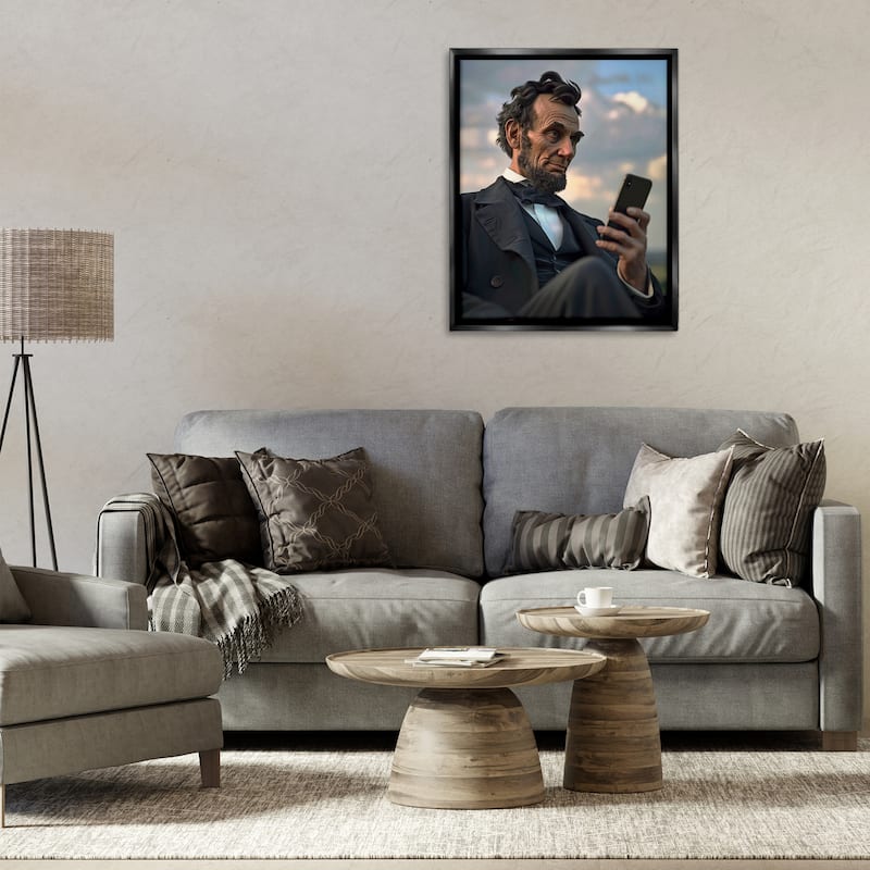 Stupell Abe Lincoln with Cellphone Framed Floater Canvas Wall Art Design By Michael McKinney