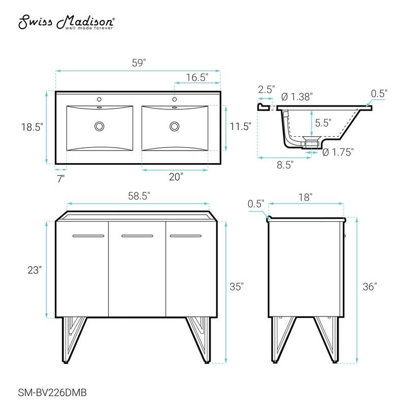 Swiss Madison SM-BV226DMB Annecy 59" Free Standing Double Basin Vanity