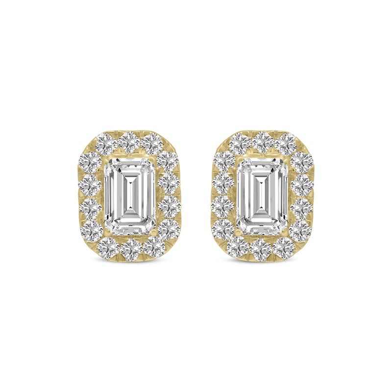 Marquee 1.50 Carat TW Emerald Cut Lab Grown Diamond Halo Earrings in 14K Yellow Gold