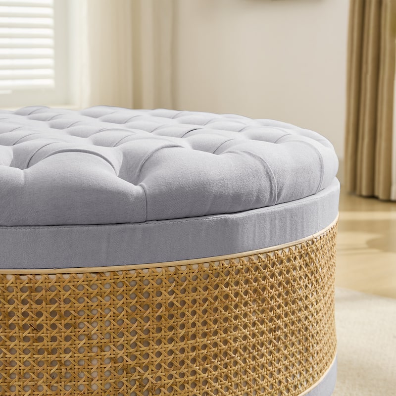 Linen & Rattan Round Storage Ottoman, Button-tufted Upholstery