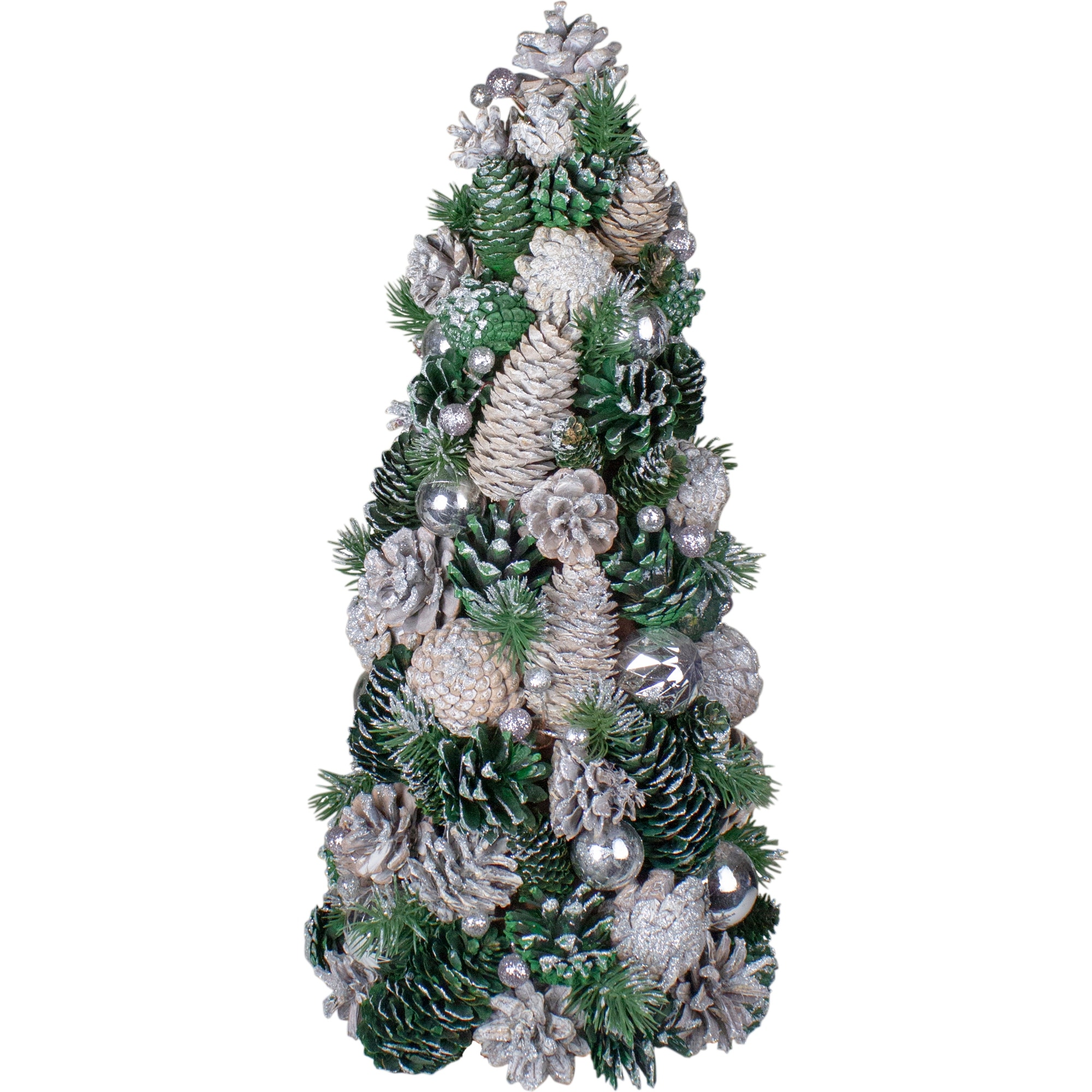 18" Green Silver Pinecone Ornaments Table Top Cone Tree Glitter