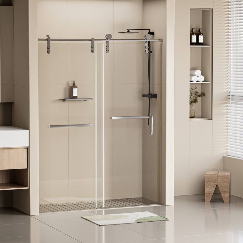 ABRUZZO 44-48" W x 76" H Single Sliding Frameless Shower Door in Chrome with 5/16" (8mm) Tempered Glass Dual Towel Bars