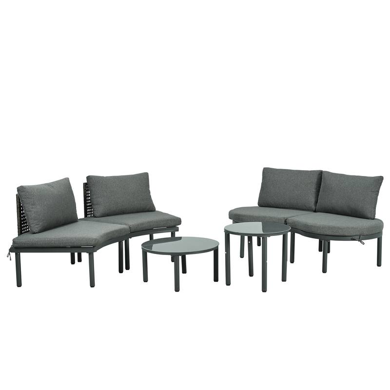 Patio Sofa Furniture Set,Half Moon Outdoor Sectional Sofa with 2 High-Low Coffee Tables,Tempered Glass,Pillows & Cushions