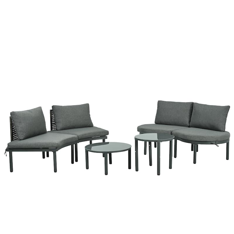 Roomfitters 6/8-Piece Half Moon Patio Sofa Set with 2 Coffee Tables, PE Wicker Rattan, Glass Top, Cushions & Pillows